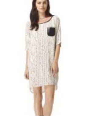 Club Monaco 100% Silk Geometric Print Dress with Leather Trim Sz M